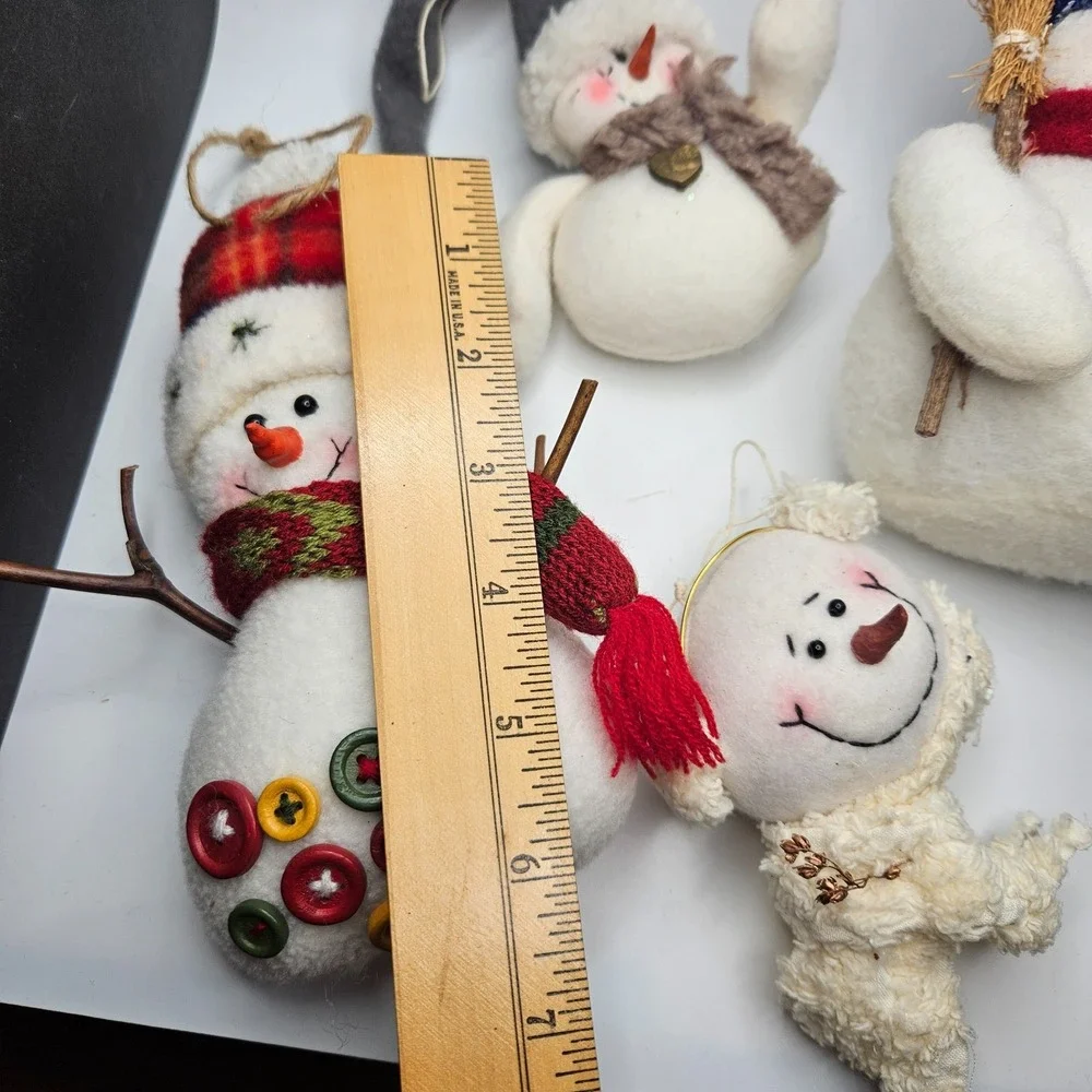 Lot of 4 Plush Snowman Christmas Ornaments Felt Fabric Handmade Style Rustic‎